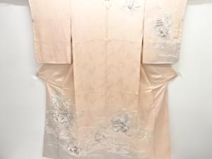 未使用品　手描き友禅　寺塔に草花模様一つ紋訪問着(重ね衿付き)